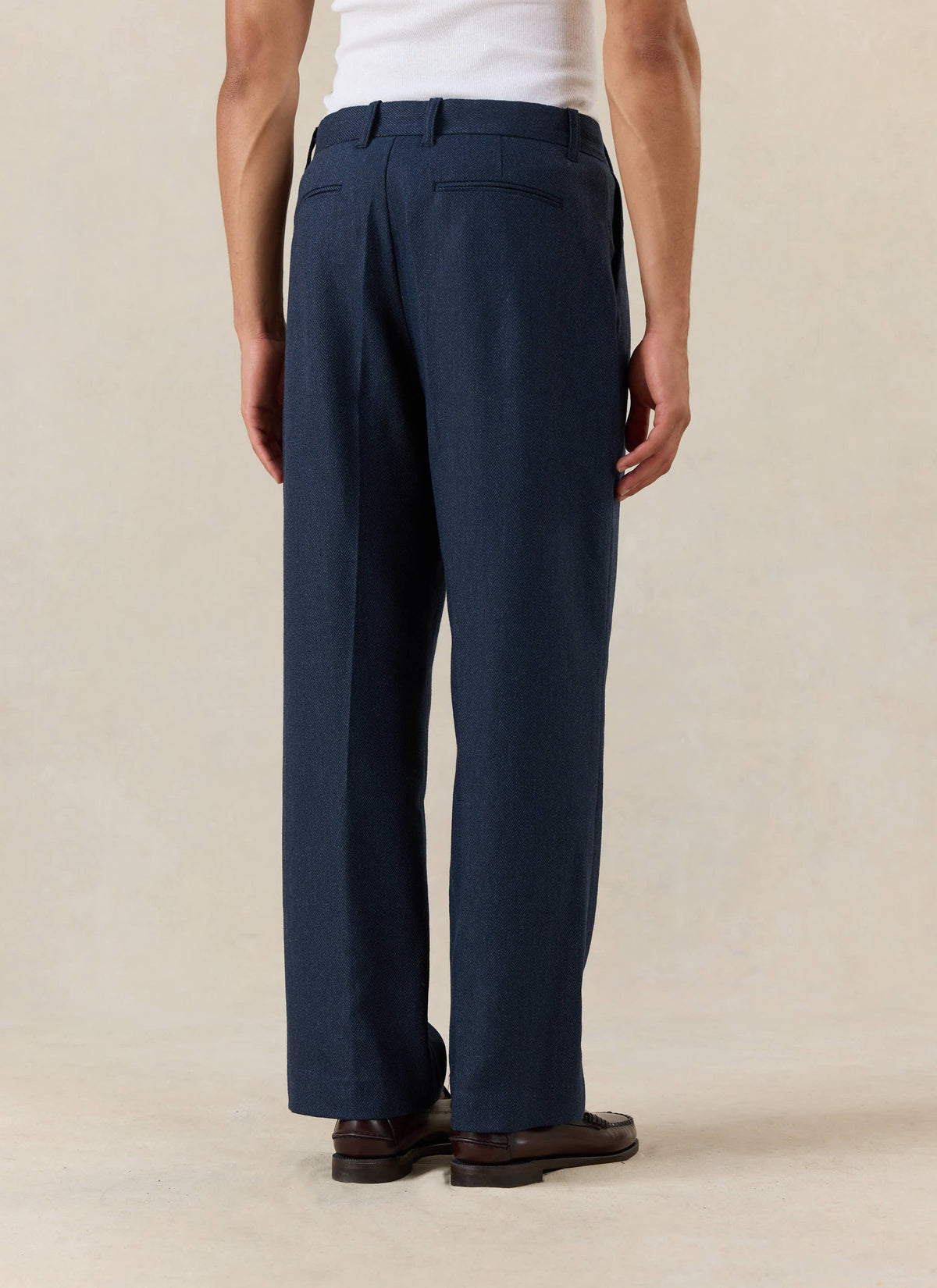 Men's Navy Pleated Trousers - Herringbone Wool - Percival | Percival Signature