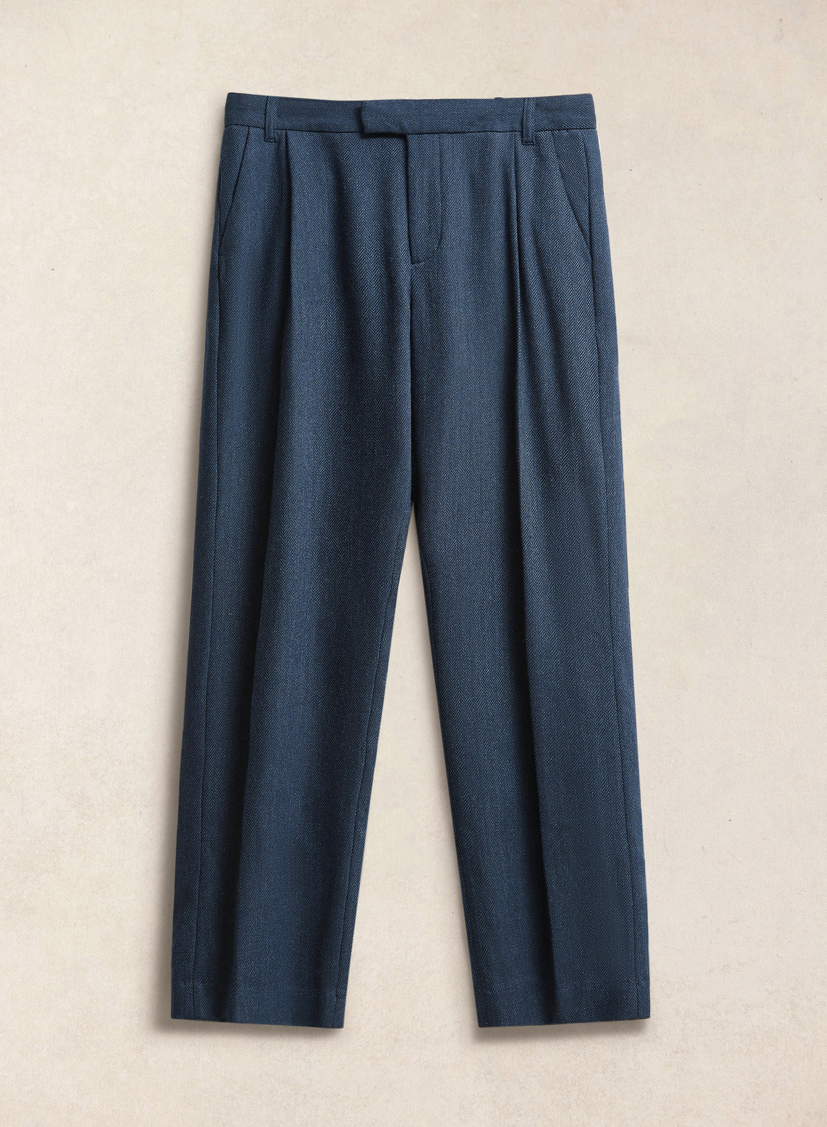 Men's Navy Pleated Trousers - Herringbone Wool - Percival | Percival Signature