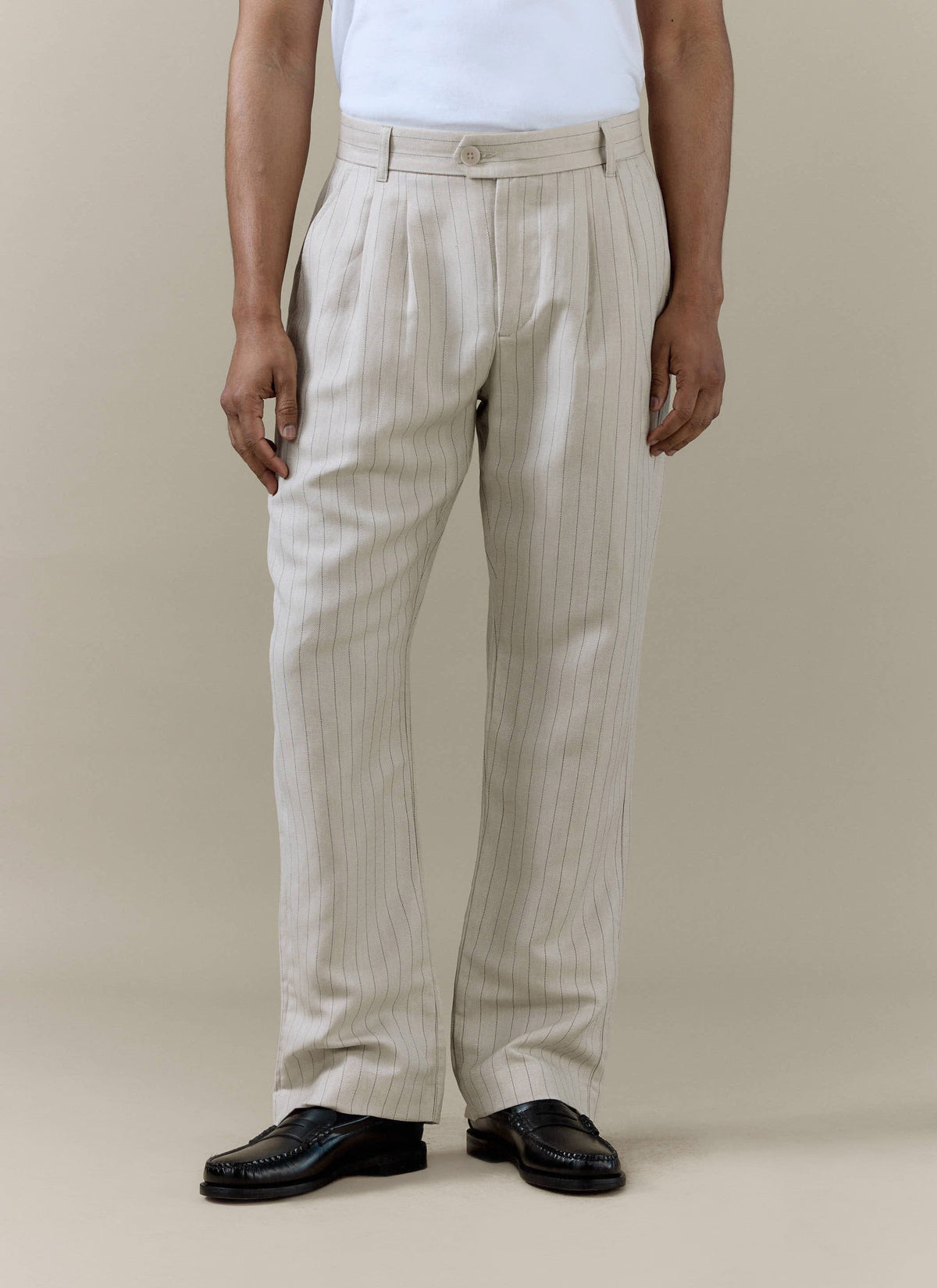 Men's Cream Striped Pleated Tailored Trousers - Linen Blend | Percival Premium