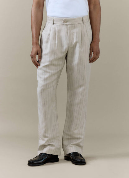 Men's Cream Striped Pleated Tailored Trousers - Linen Blend | Percival Premium