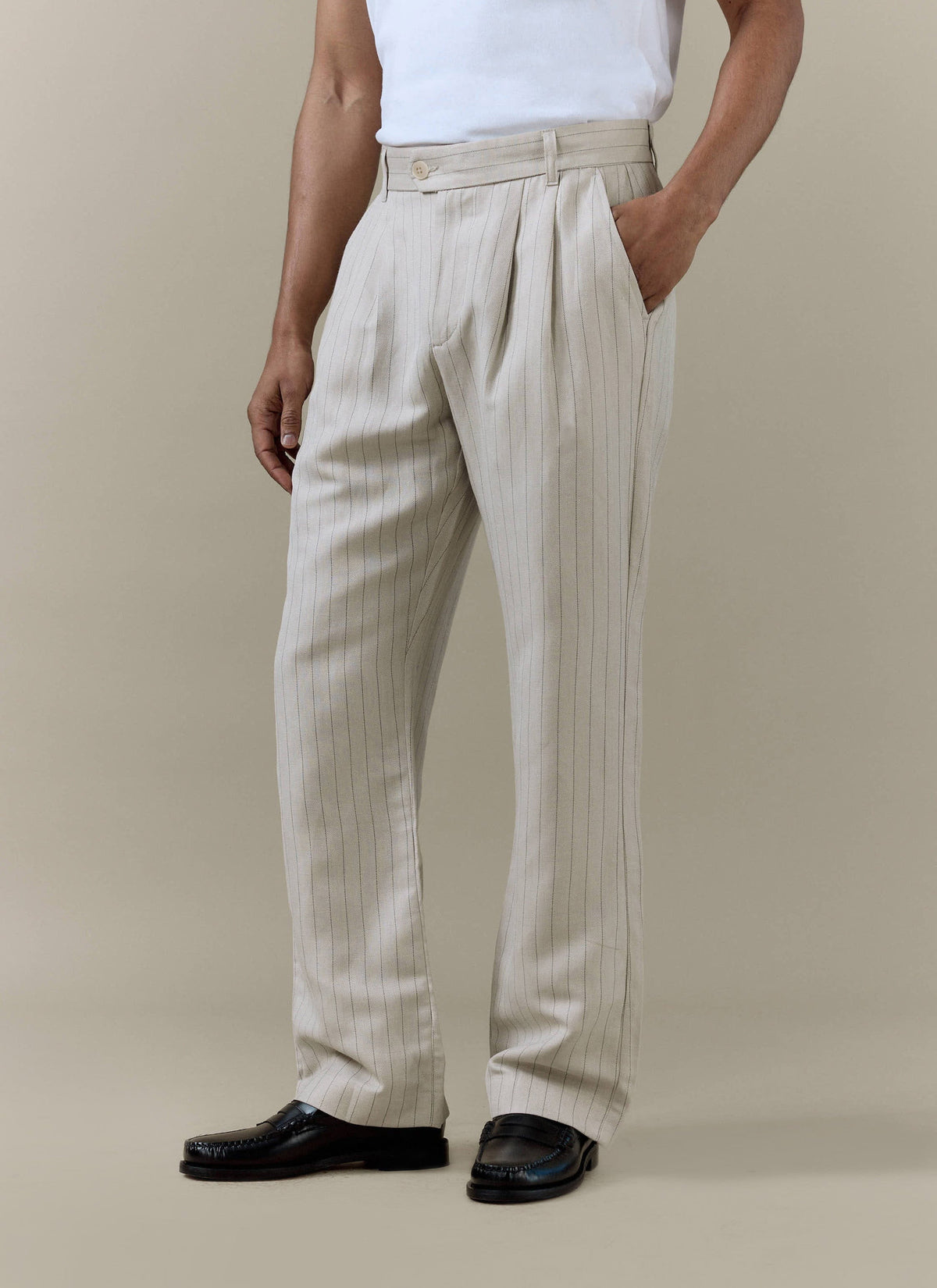 Men's Cream Striped Pleated Tailored Trousers - Linen Blend | Percival Premium