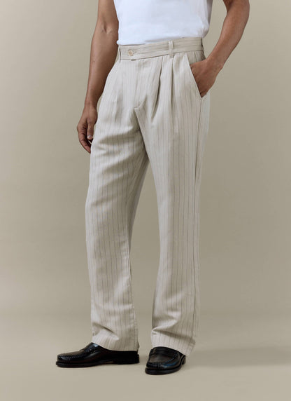 Men's Cream Striped Pleated Tailored Trousers - Linen Blend | Percival Premium