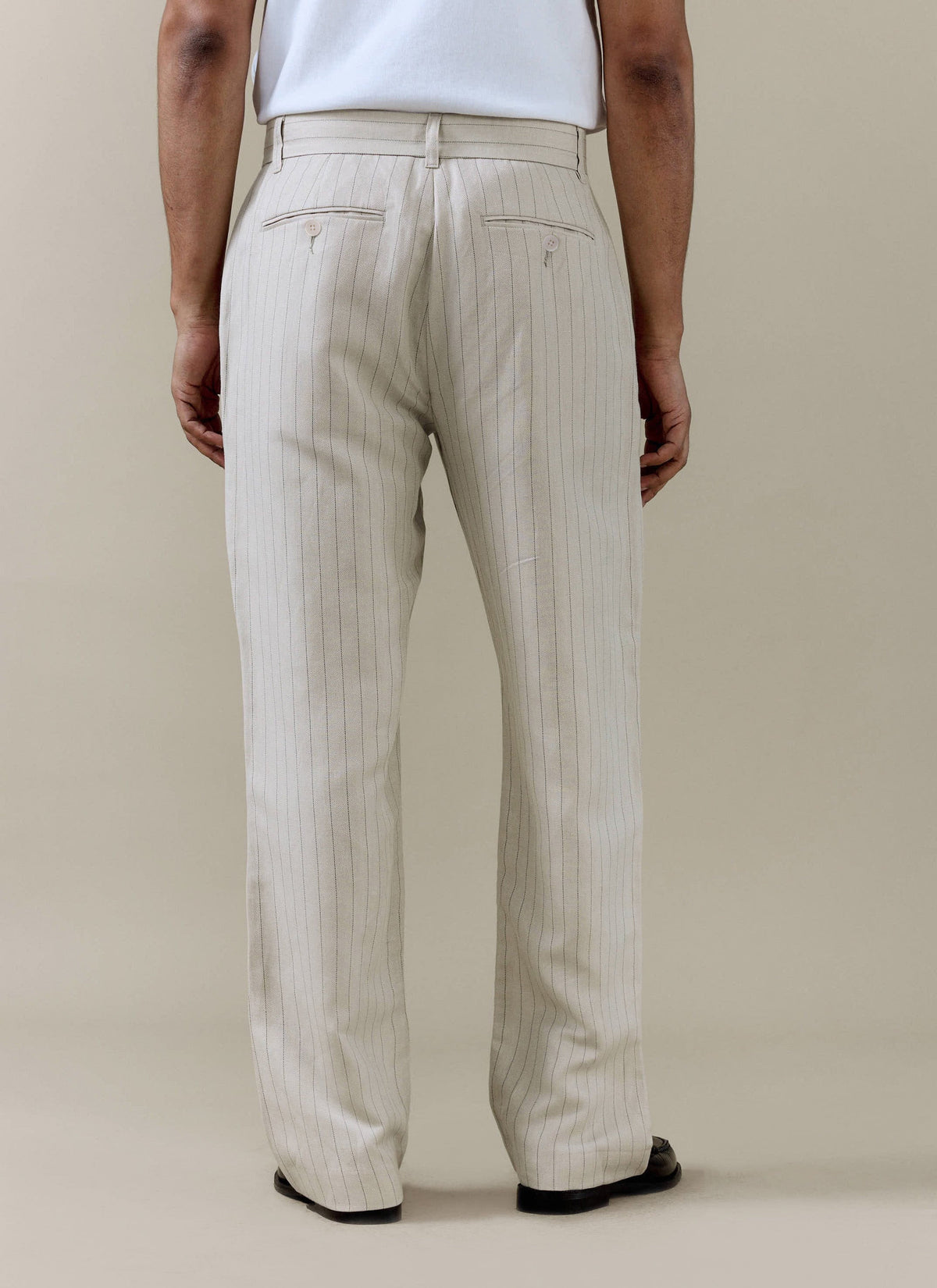 Men's Cream Striped Pleated Tailored Trousers - Linen Blend | Percival Premium