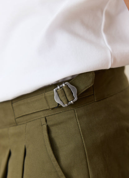 Men's Double Pleated Trousers - Brushed Moleskin - Forest Green - Percival | Percival Best Seller