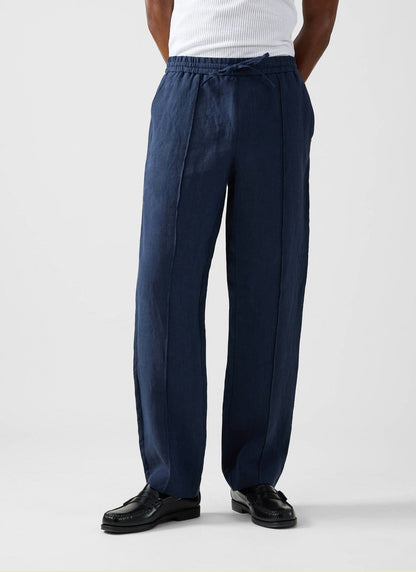 Men's Linen Trousers - Lorena Wide Leg - Navy Blue | Percival Special Offer