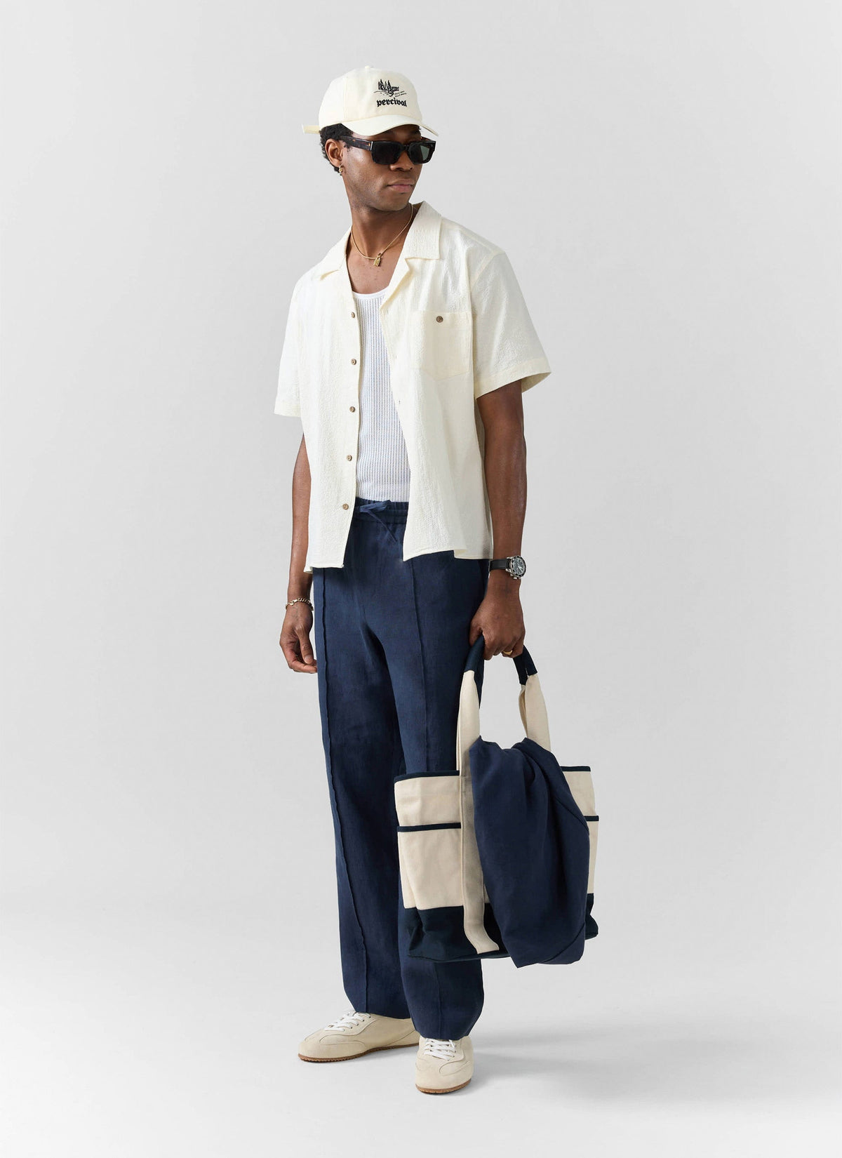 Men's Linen Trousers - Lorena Wide Leg - Navy Blue | Percival Special Offer
