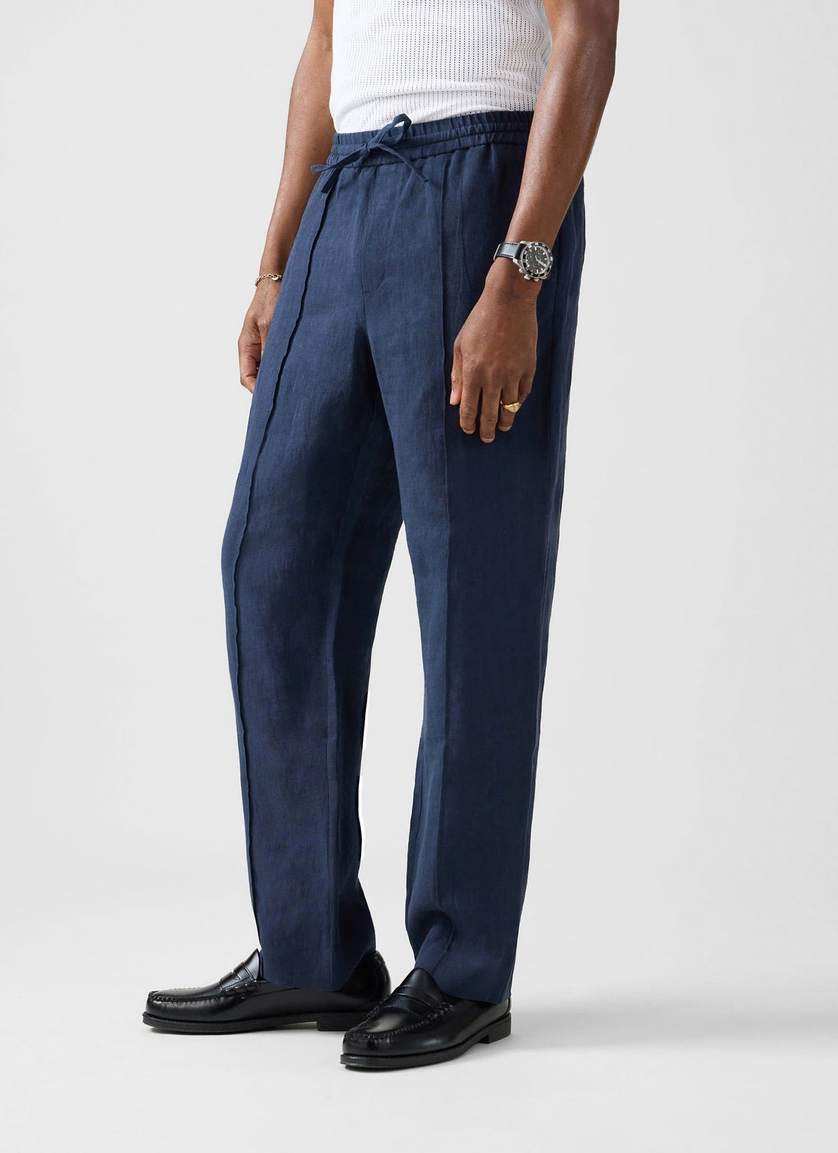 Men's Linen Trousers - Lorena Wide Leg - Navy Blue | Percival Special Offer