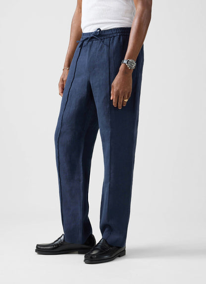 Men's Linen Trousers - Lorena Wide Leg - Navy Blue | Percival Special Offer