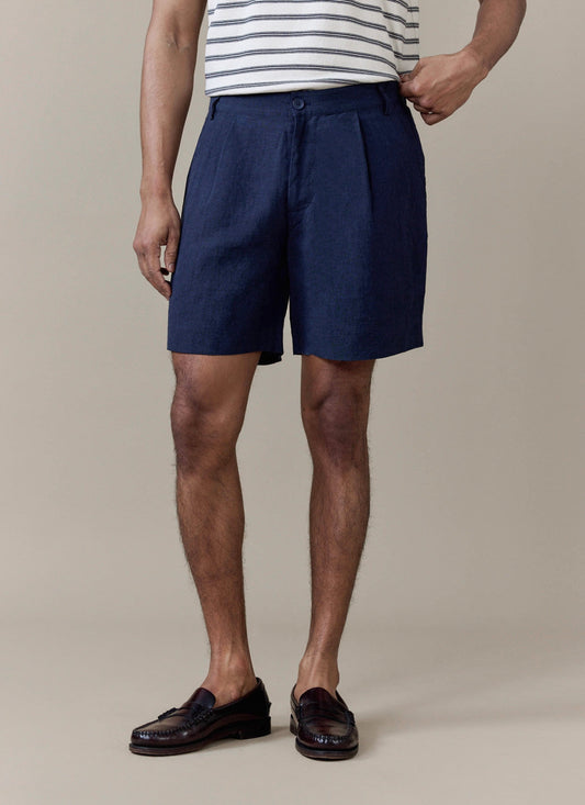 Men's Navy Pleated Tailored Linen Shorts | Percival Signature