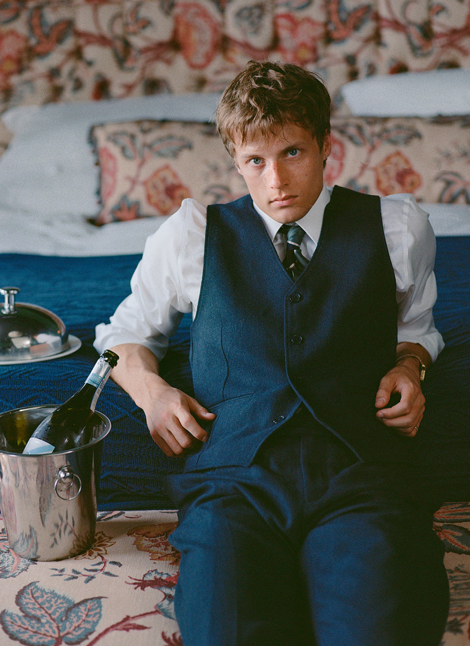 Men's Navy Herringbone Wool Tailored Waistcoat - Percival | Percival Sale