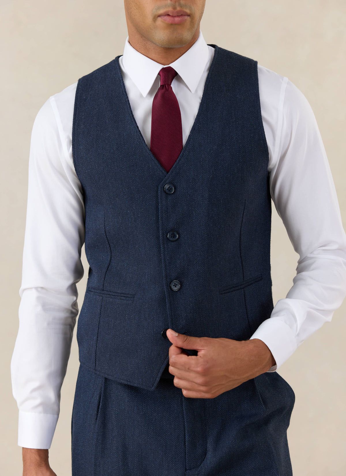 Men's Navy Herringbone Wool Tailored Waistcoat - Percival | Percival Sale