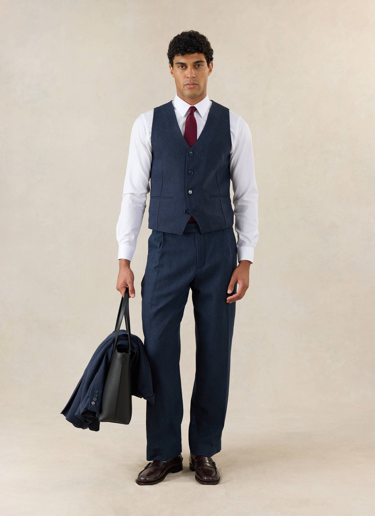 Men's Navy Herringbone Wool Tailored Waistcoat - Percival | Percival Sale