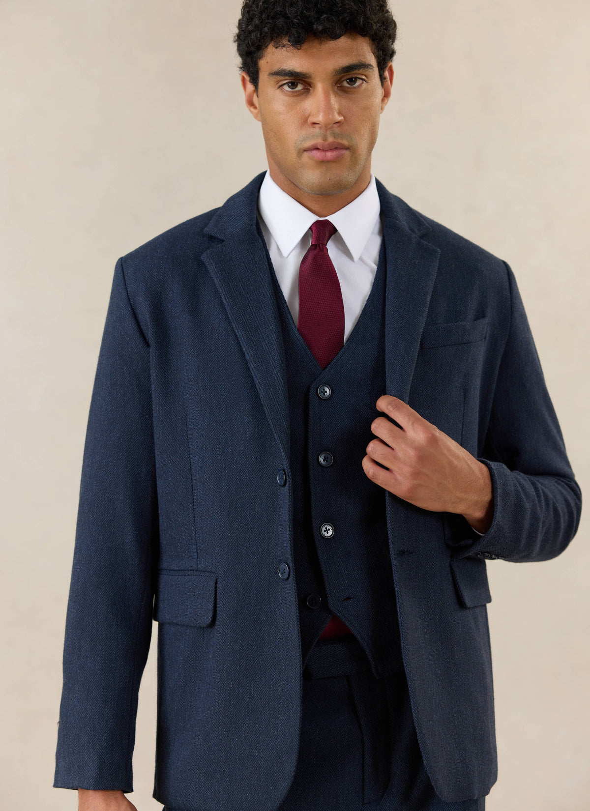 Men's Navy Herringbone Wool Tailored Waistcoat - Percival | Percival Sale