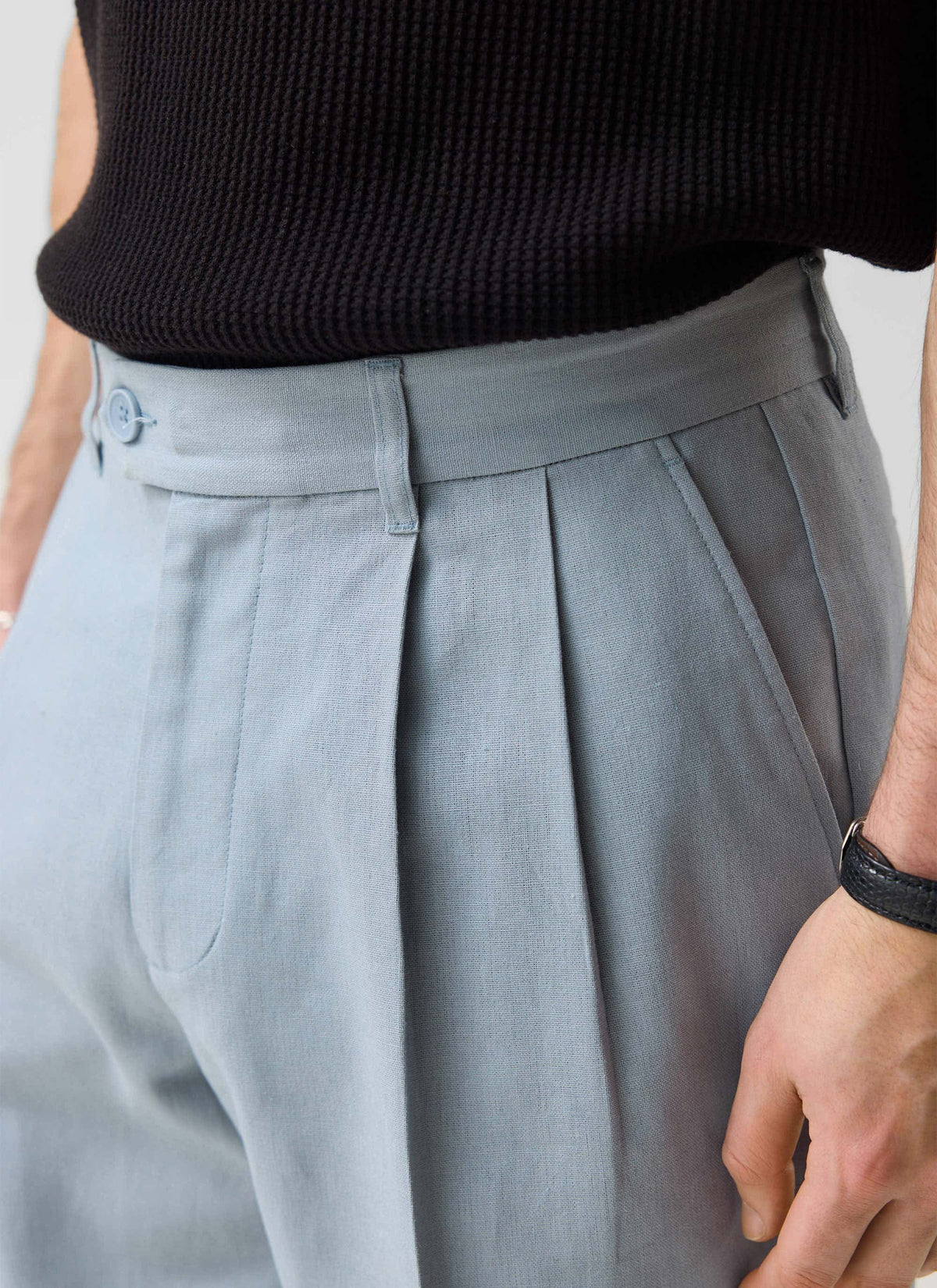 Men's Pleated Trousers - Tailored Linen Suits - Light Blue | Percival Sale