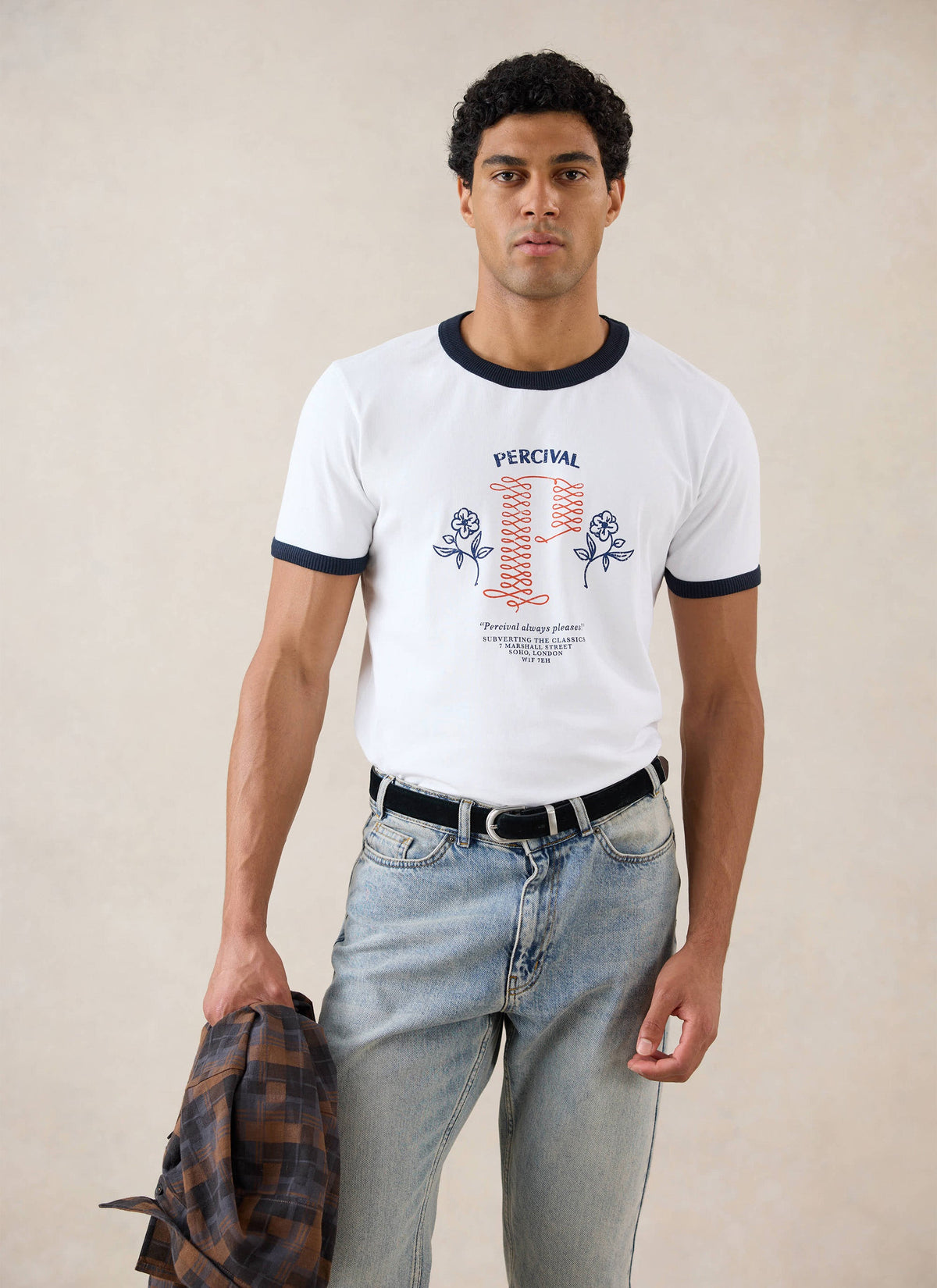 Tucker Ringer T-Shirt - Organic Cotton - White with Navy - Percival | Percival Recommended