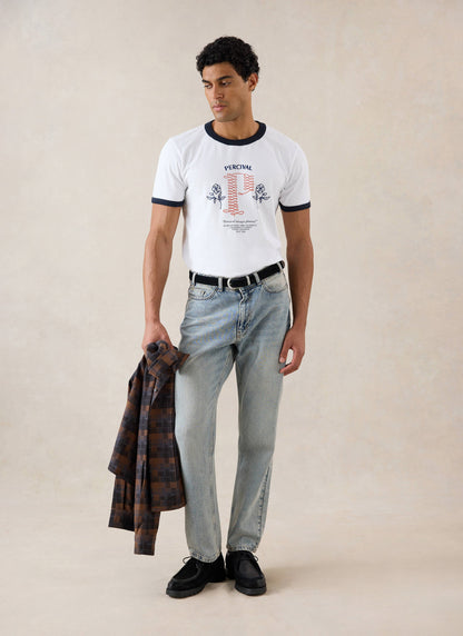 Tucker Ringer T-Shirt - Organic Cotton - White with Navy - Percival | Percival Recommended