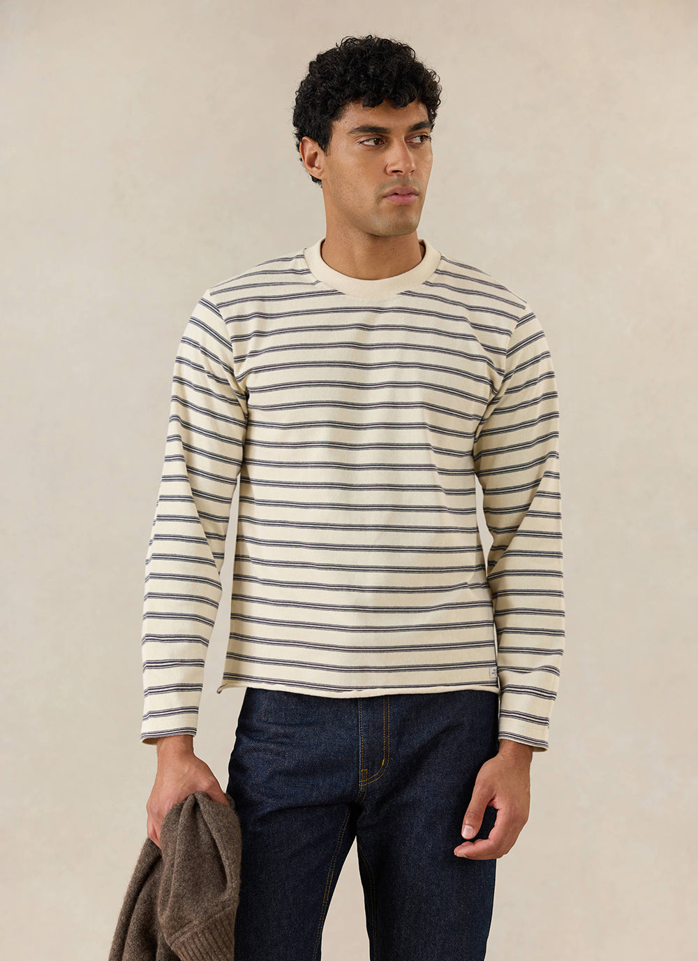 Men's Striped Long Sleeve T Shirt: Arlo - Cotton - White - Percival | Percival Sale