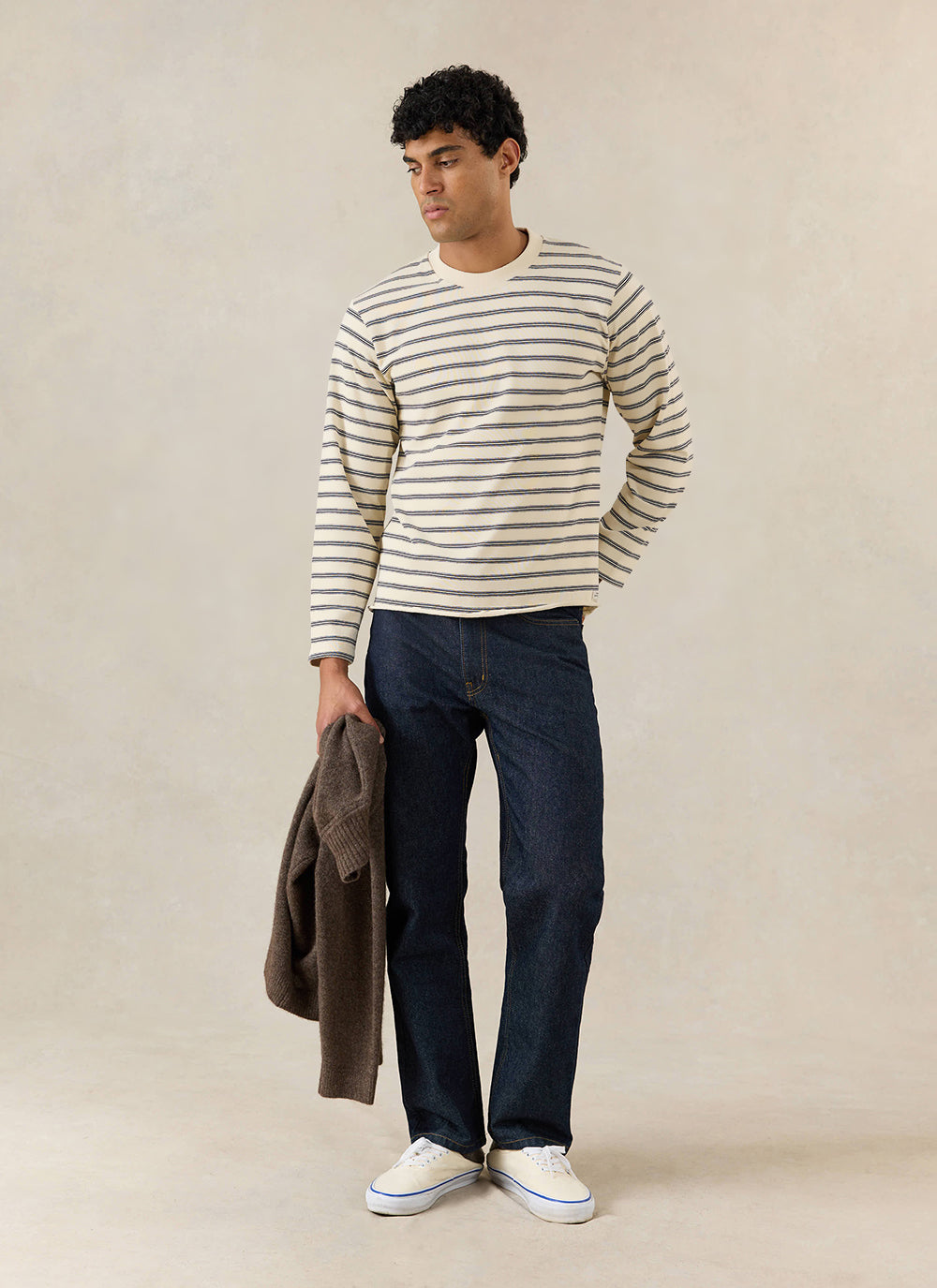 Men's Striped Long Sleeve T Shirt: Arlo - Cotton - White - Percival | Percival Sale