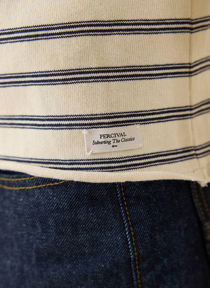 Men's Striped Long Sleeve T Shirt: Arlo - Cotton - White - Percival | Percival Sale