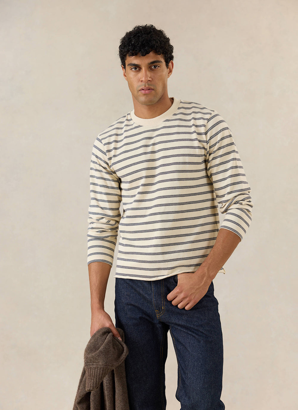 Men's Striped Long Sleeve T Shirt: Arlo - Cotton - White - Percival | Percival Sale