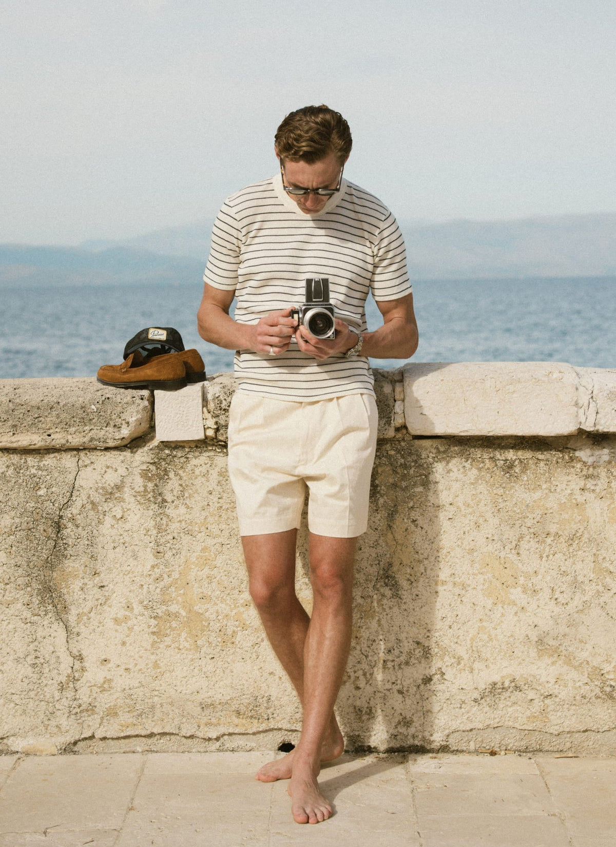 Men's Waffle T-Shirt - Ernie - Cotton - Cream Stripe | Percival Essential