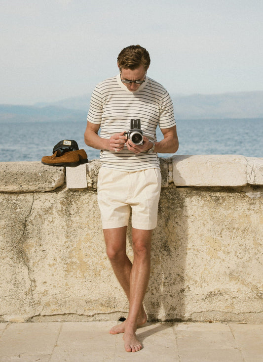 Men's Waffle T-Shirt - Ernie - Cotton - Cream Stripe | Percival Essential