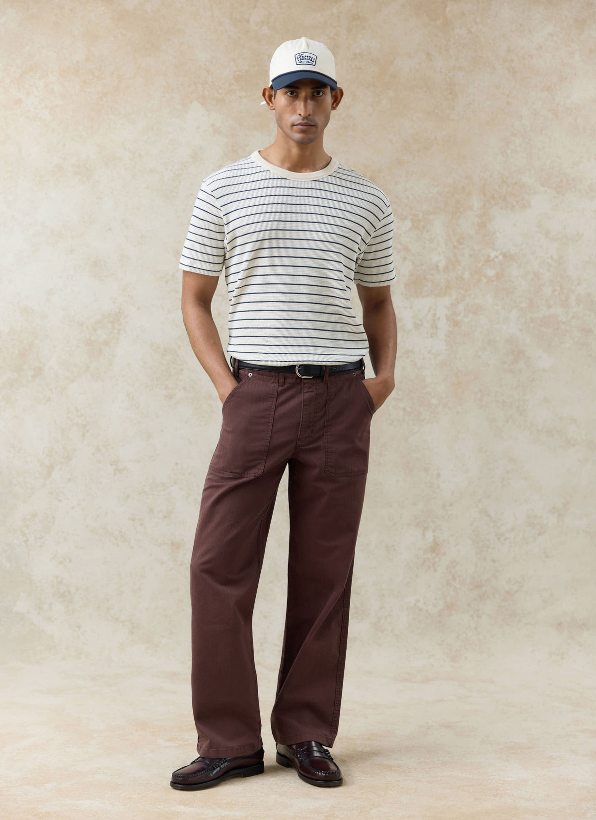 Men's Waffle T-Shirt - Ernie - Cotton - Cream Stripe | Percival Essential