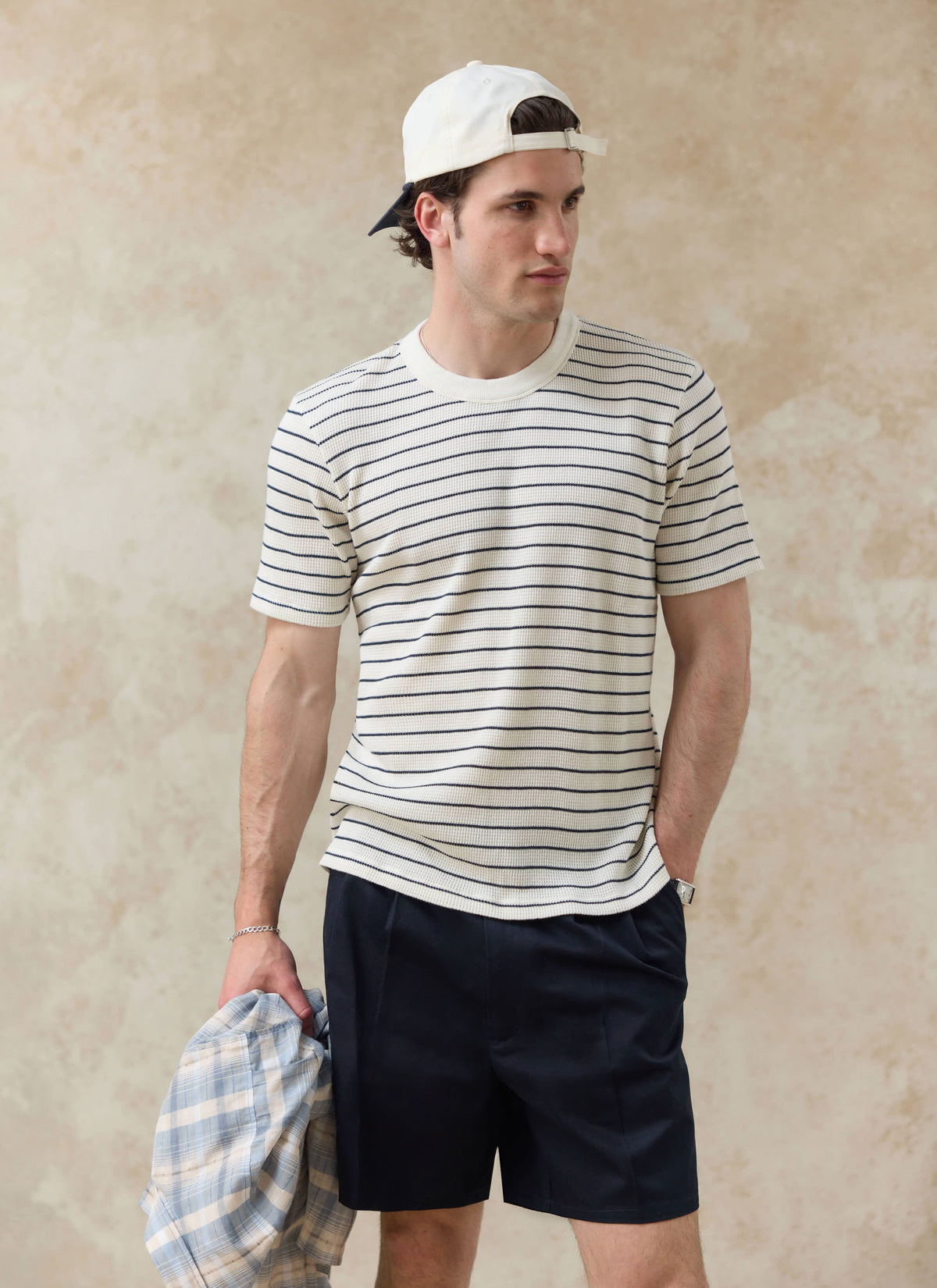 Men's Waffle T-Shirt - Ernie - Cotton - Cream Stripe | Percival Essential