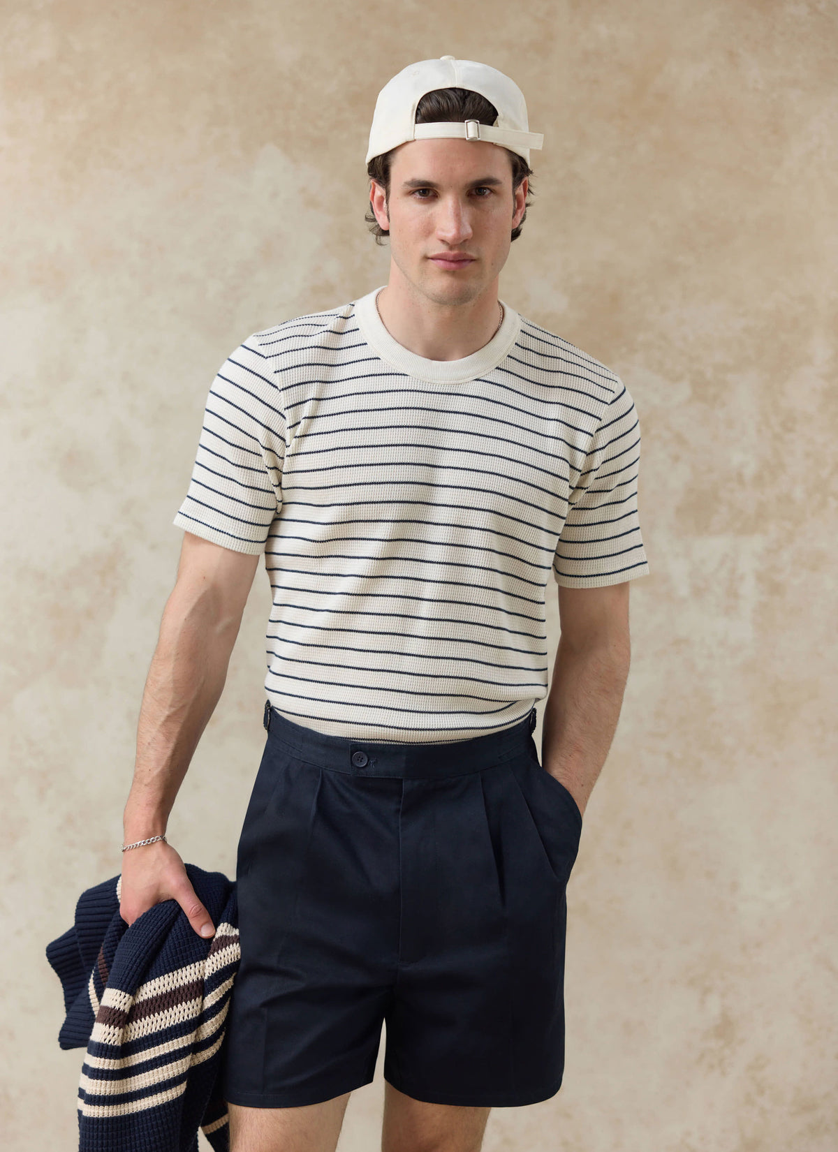 Men's Waffle T-Shirt - Ernie - Cotton - Cream Stripe | Percival Essential