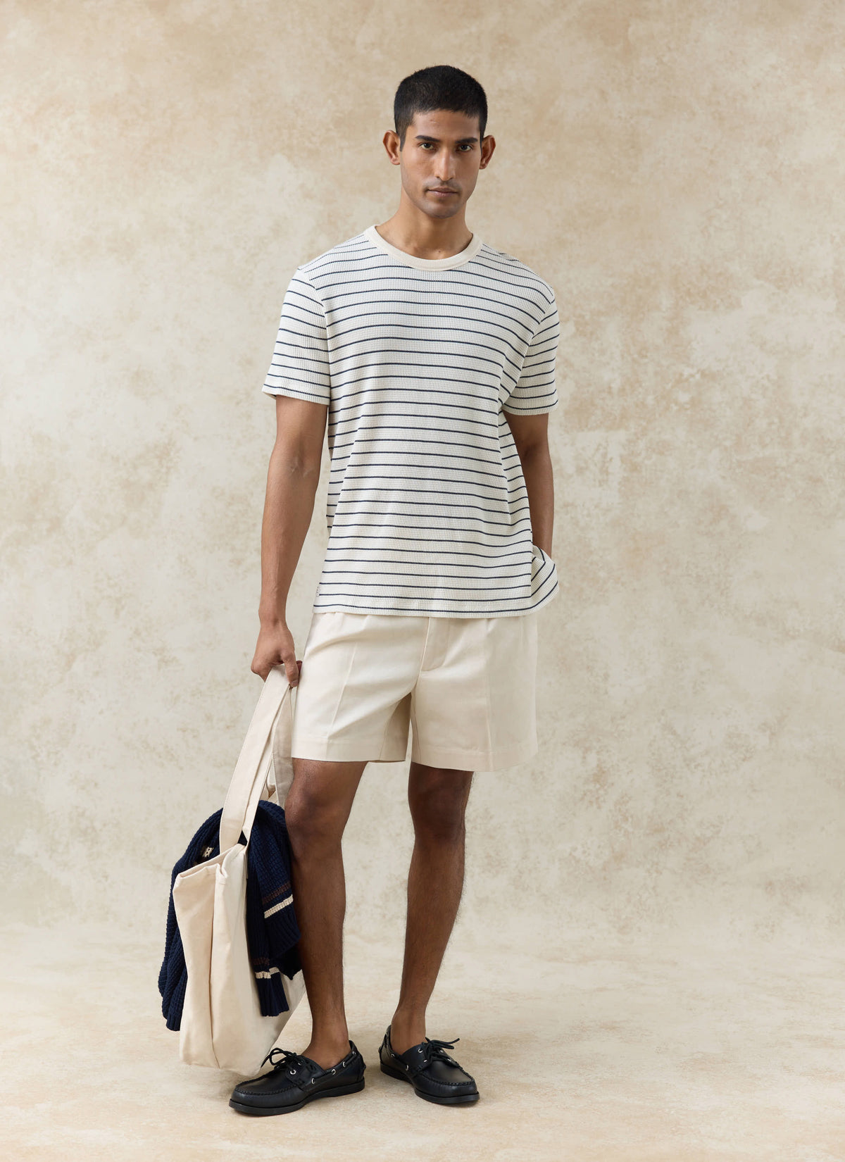Men's Waffle T-Shirt - Ernie - Cotton - Cream Stripe | Percival Essential
