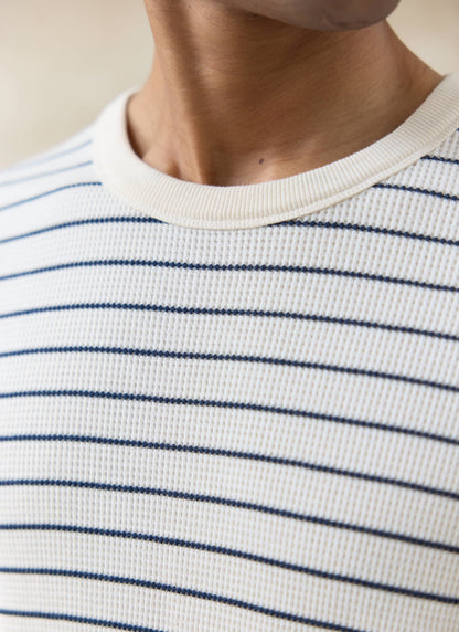 Men's Waffle T-Shirt - Ernie - Cotton - Cream Stripe | Percival Essential