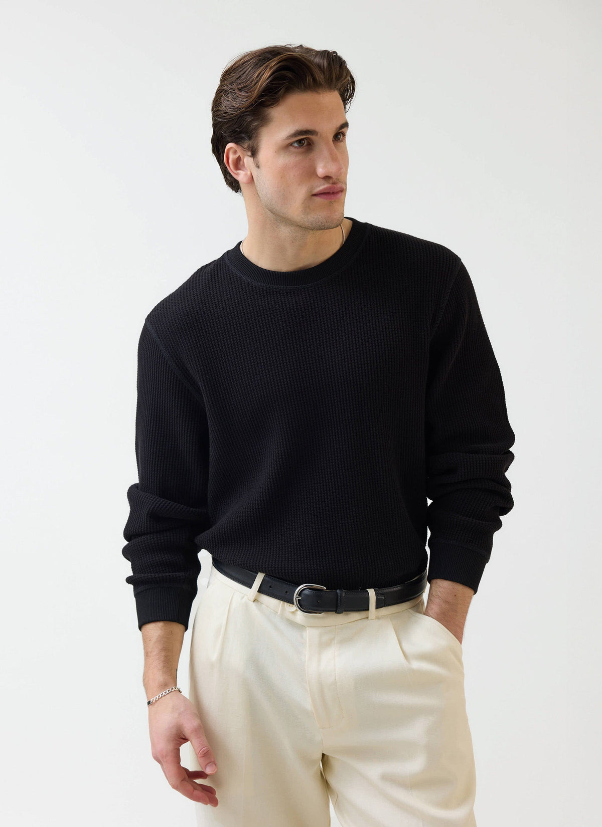 Men's Waffle Long Sleeve T Shirt - Cotton - Black | Percival New