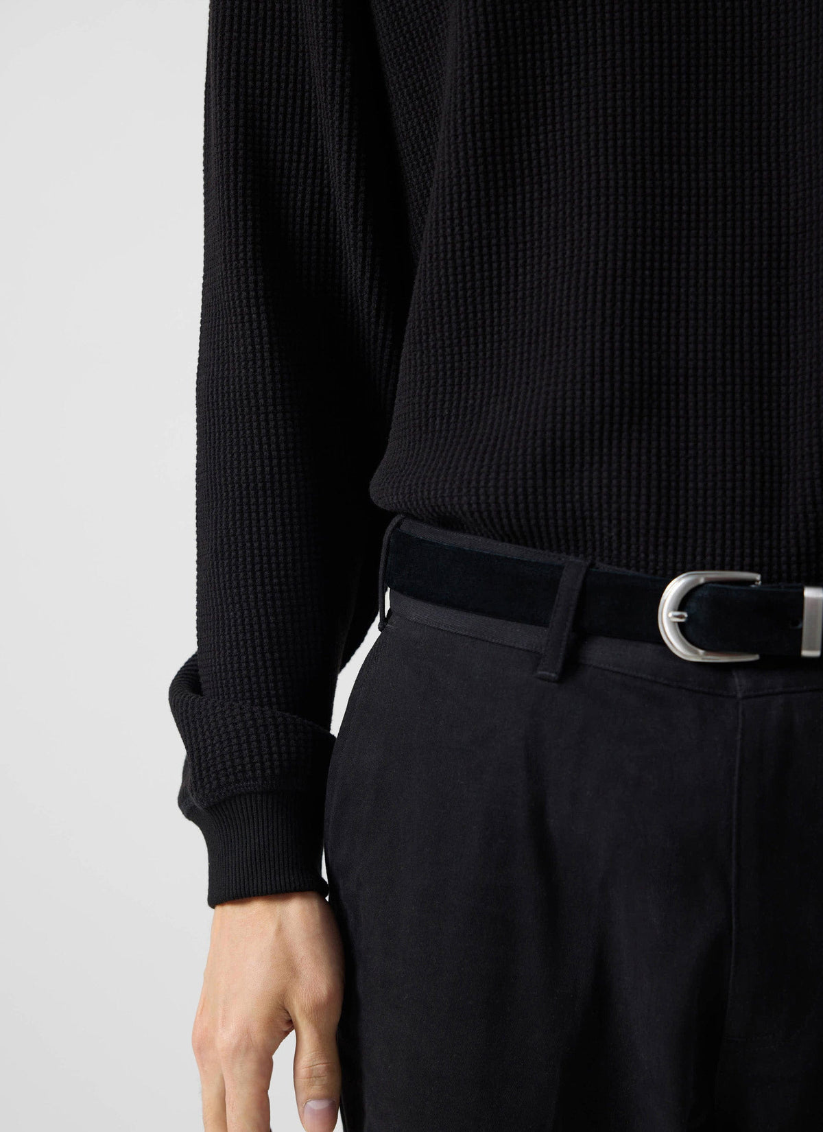 Men's Waffle Long Sleeve T Shirt - Cotton - Black | Percival New