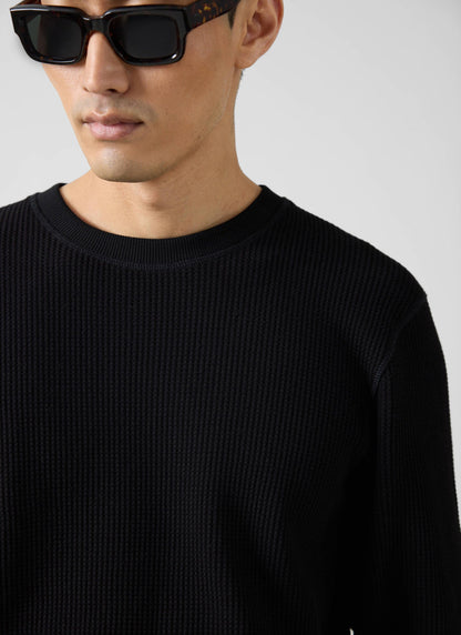 Men's Waffle Long Sleeve T Shirt - Cotton - Black | Percival New