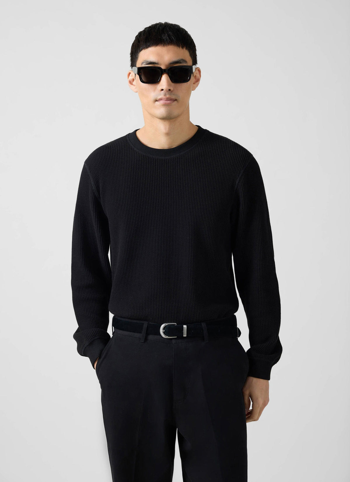 Men's Waffle Long Sleeve T Shirt - Cotton - Black | Percival New