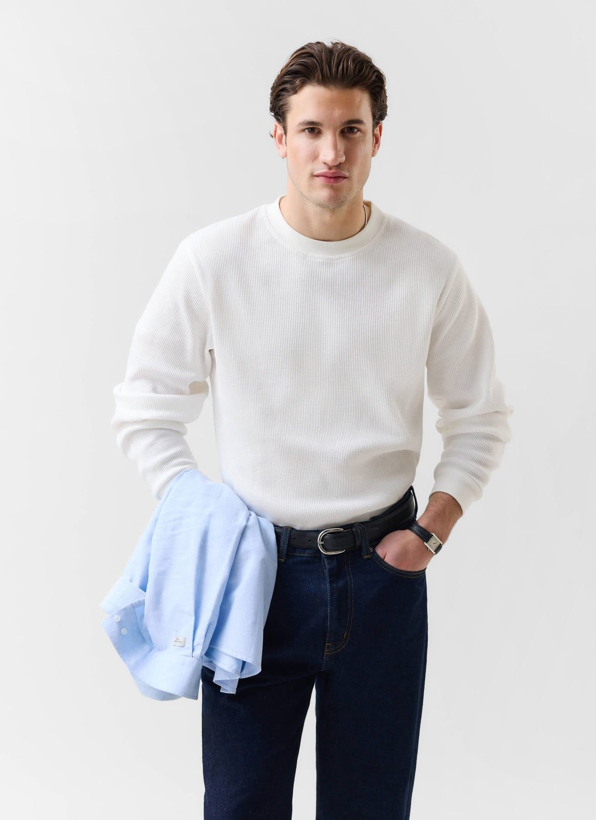 Men's Waffle Long Sleeve T Shirt - Cotton - White | Percival Classic