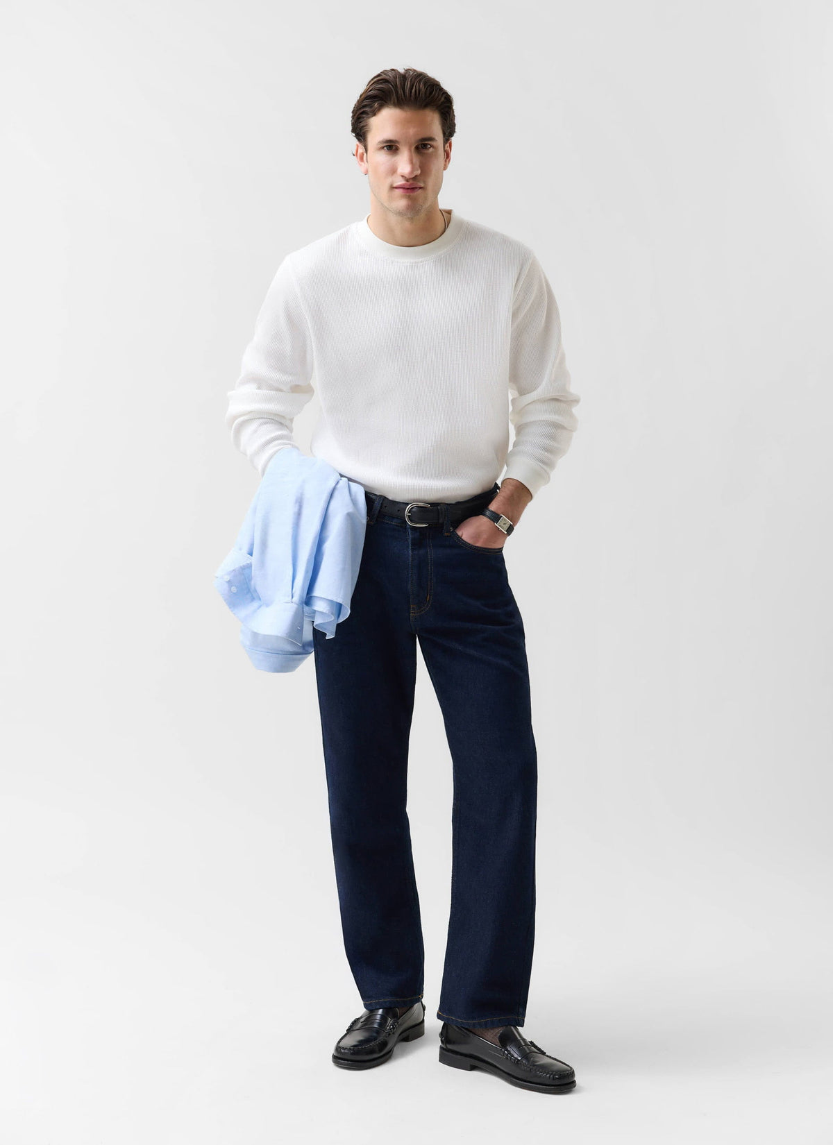 Men's Waffle Long Sleeve T Shirt - Cotton - White | Percival Classic
