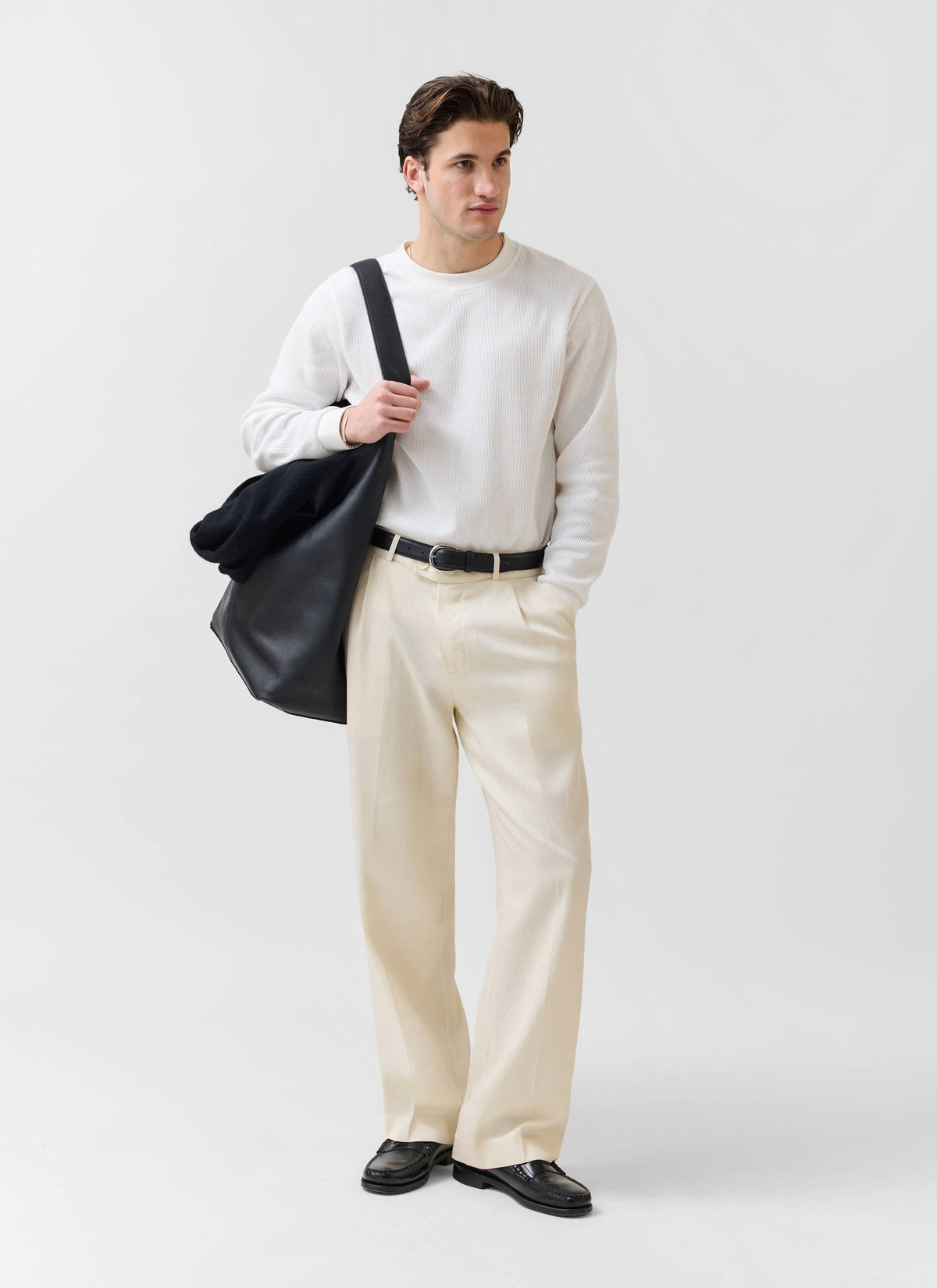 Men's Waffle Long Sleeve T Shirt - Cotton - White | Percival Classic