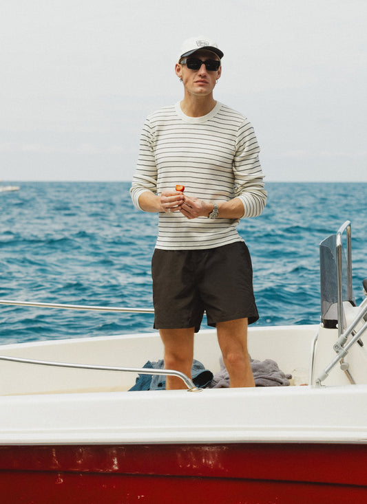 Men's Long Sleeve Waffle T-Shirt - Ernie - Cotton - Cream Stripe | Percival Smart Buy