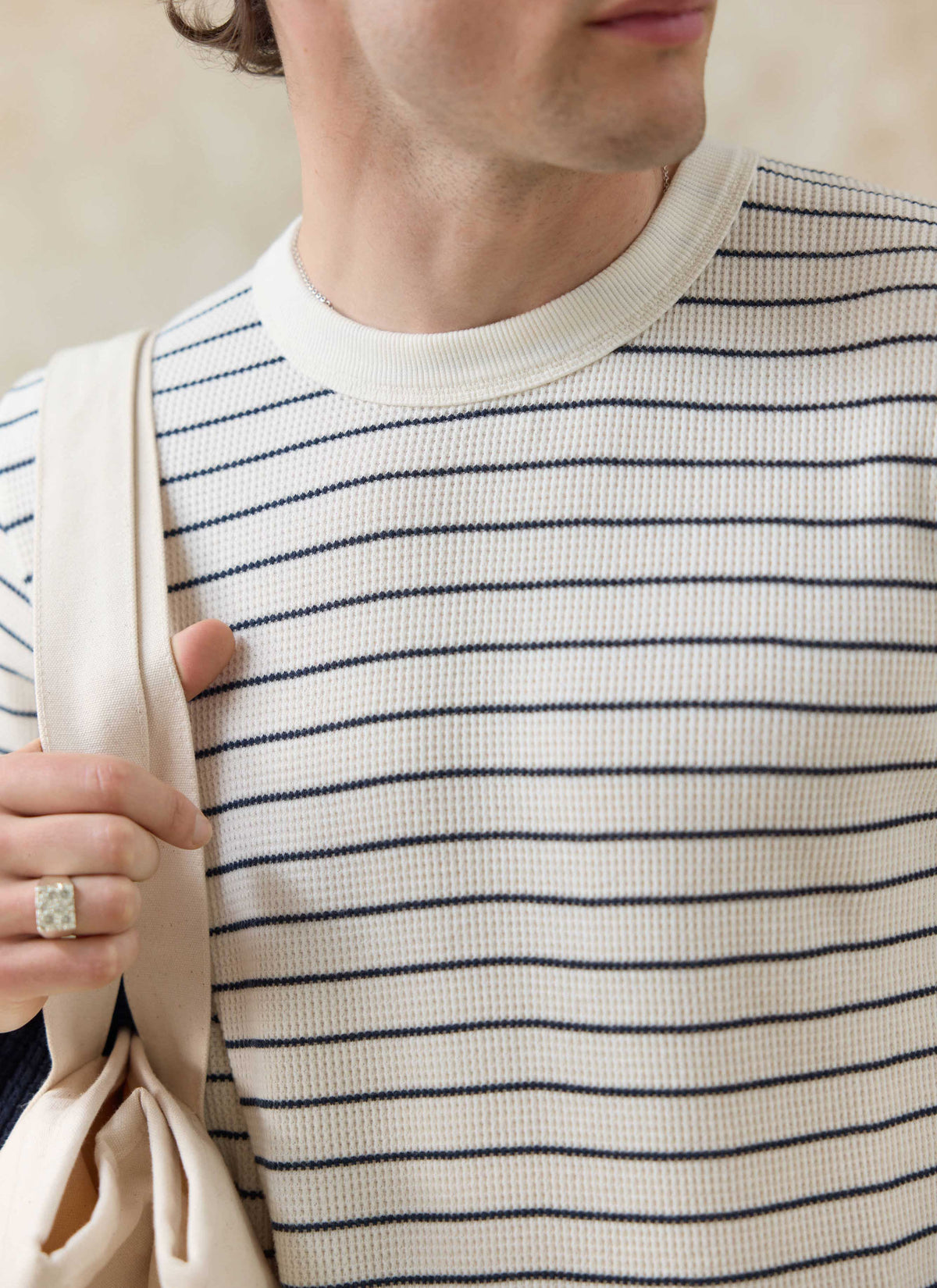 Men's Long Sleeve Waffle T-Shirt - Ernie - Cotton - Cream Stripe | Percival Smart Buy