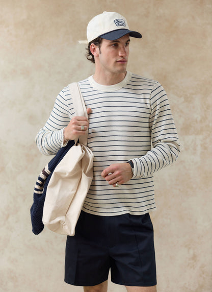 Men's Long Sleeve Waffle T-Shirt - Ernie - Cotton - Cream Stripe | Percival Smart Buy