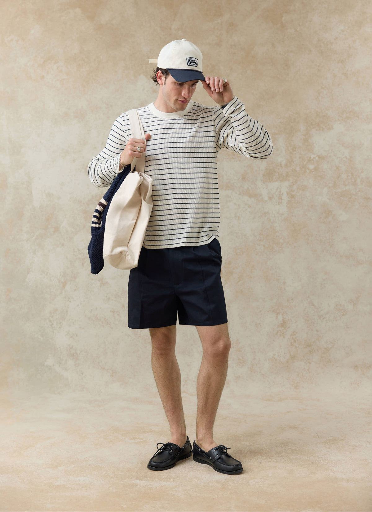 Men's Long Sleeve Waffle T-Shirt - Ernie - Cotton - Cream Stripe | Percival Smart Buy