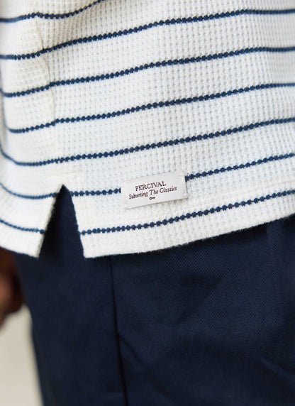 Men's Long Sleeve Waffle T-Shirt - Ernie - Cotton - Cream Stripe | Percival Smart Buy