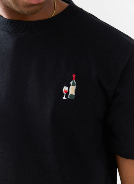 Red Wine Embroidered T Shirt - Organic Cotton - Black | Percival Trending