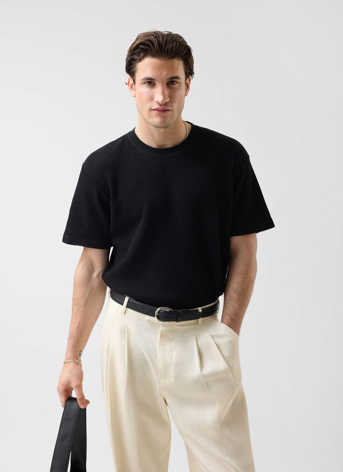 Men's Waffle Short Sleeve T Shirt - Cotton - Black | Percival Trusted