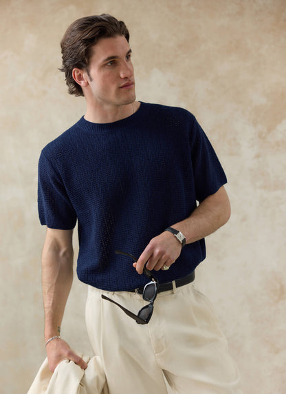 Men's Knitted Navy T Shirt - Siena - 100% Cotton | Percival Popular