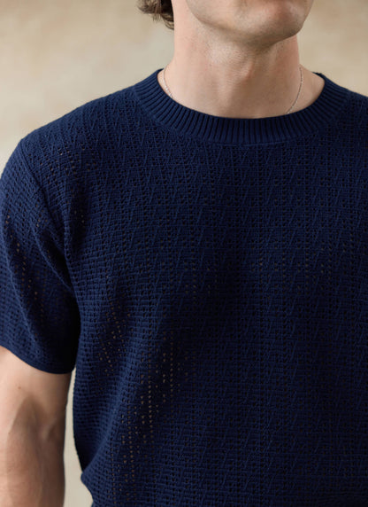 Men's Knitted Navy T Shirt - Siena - 100% Cotton | Percival Popular