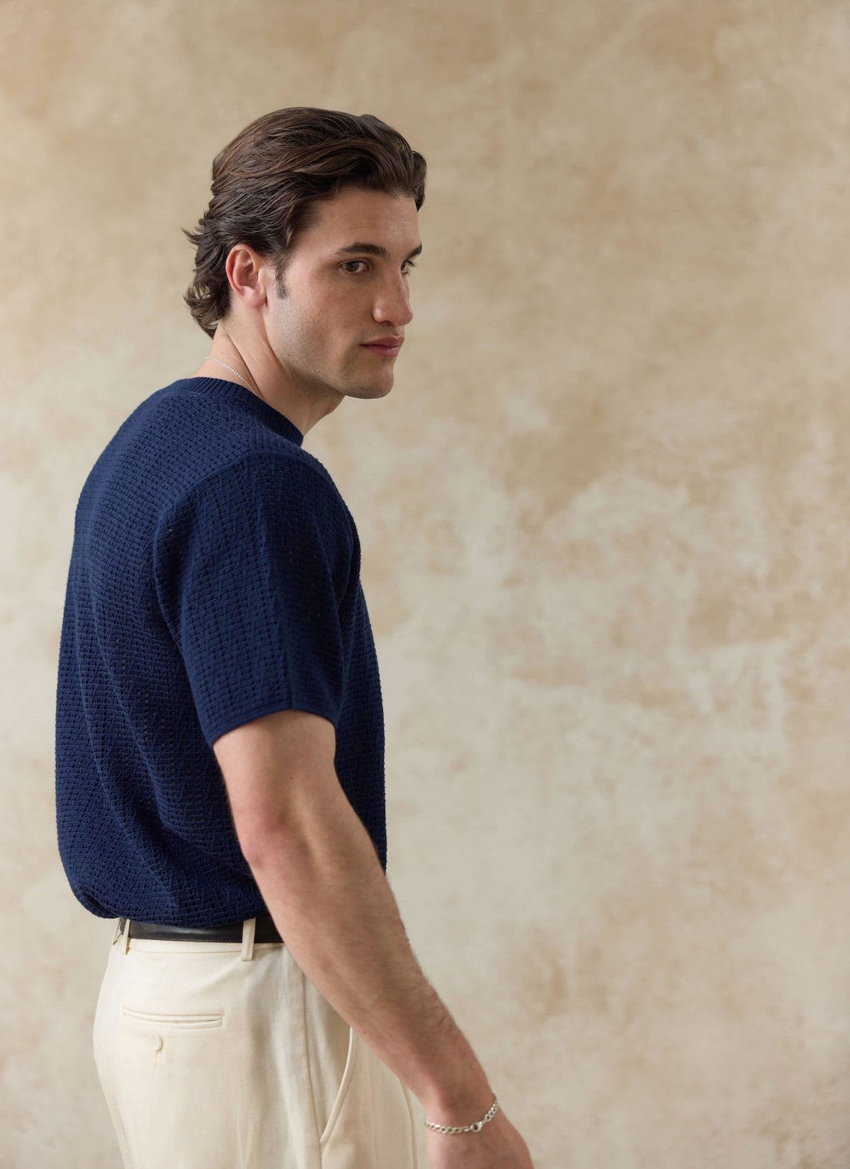 Men's Knitted Navy T Shirt - Siena - 100% Cotton | Percival Popular