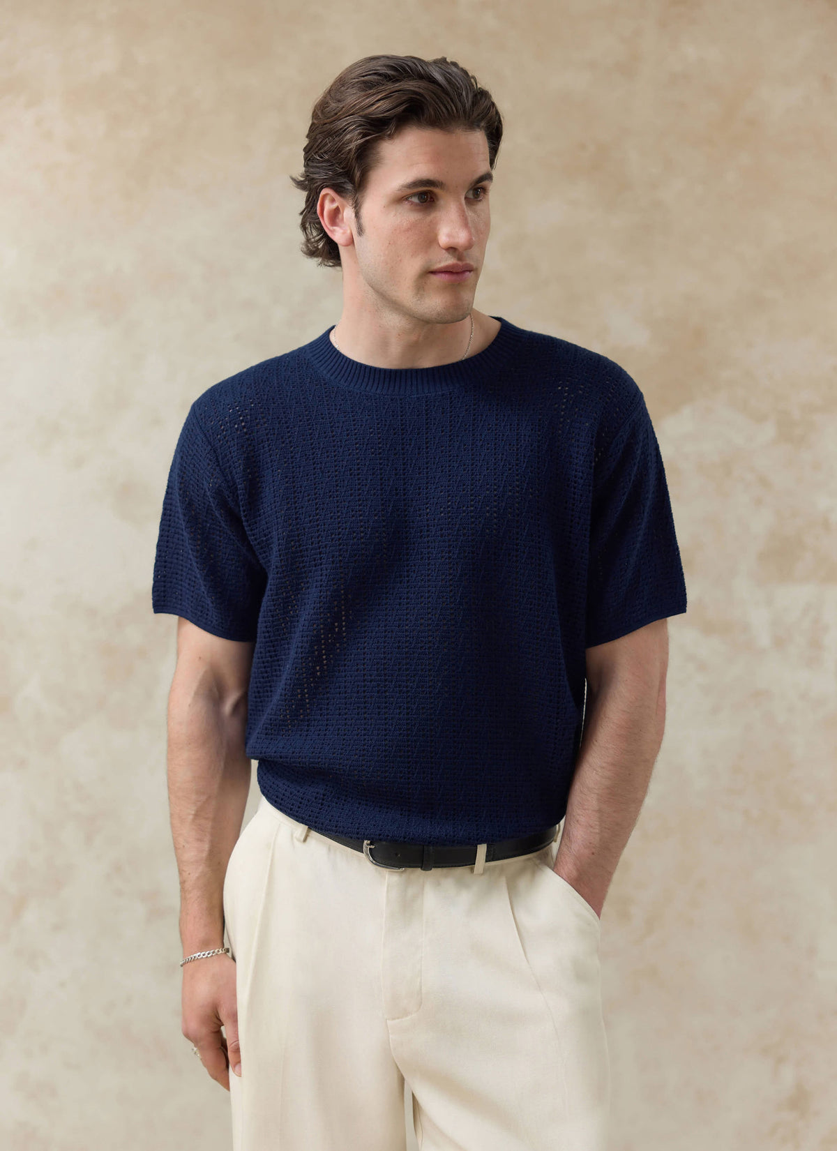 Men's Knitted Navy T Shirt - Siena - 100% Cotton | Percival Popular
