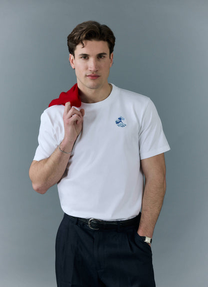 Men's Embroidered T Shirt: Wave - Heavyweight Cotton - White | Percival Sale
